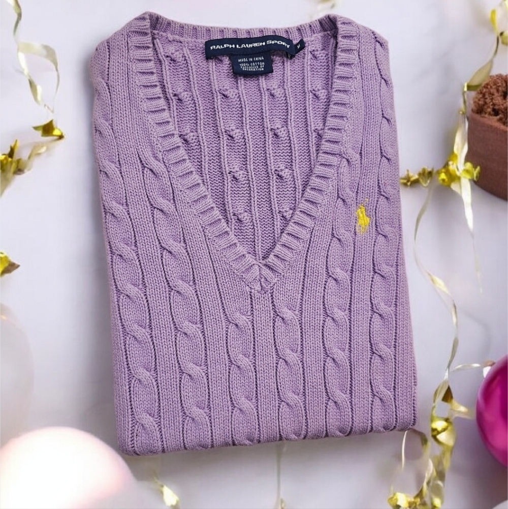 Ralph Lauren Sport Women's Lavender V-Neck Sweater 100% Cotton Size-M - Picture 1 of 11